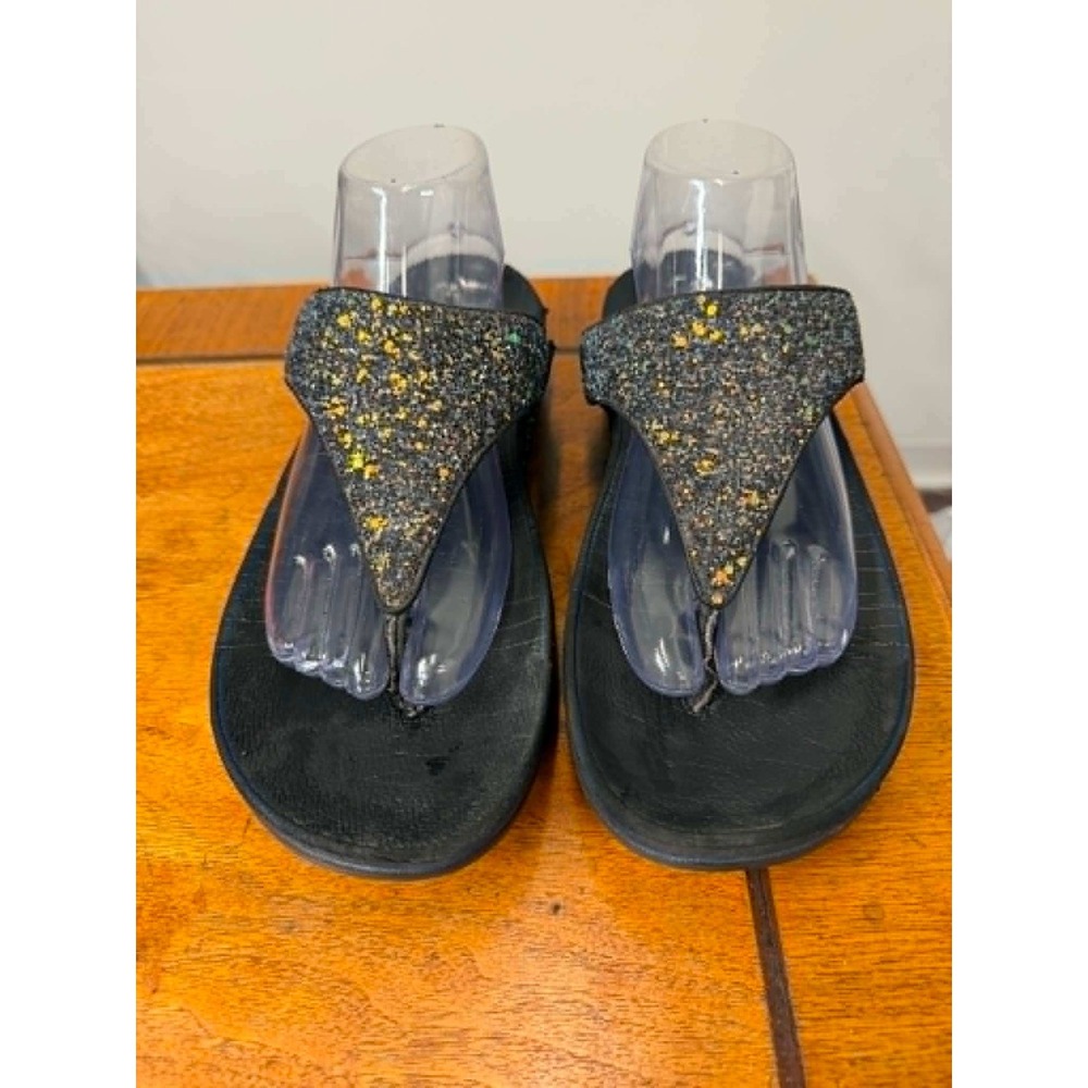 FitFlop‎ Microwobbleboard Black Glitter Thong Sandals Womens 10 X03-231